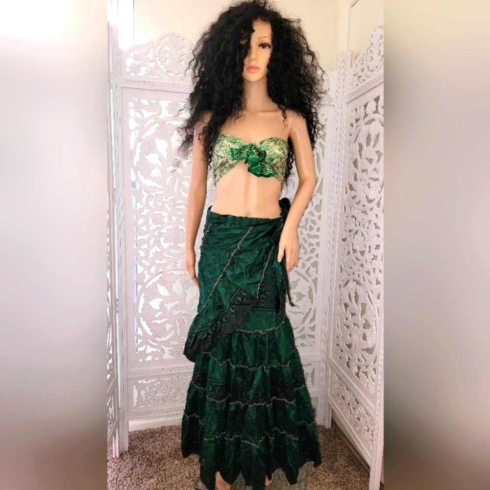 Exotic Boho Silk Hunter Green Reversible Wrap Maxi Skirt - Picture 7 of 11